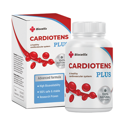 Envase de Cardiotens, suplemento de bienestar en presentación de cápsulas